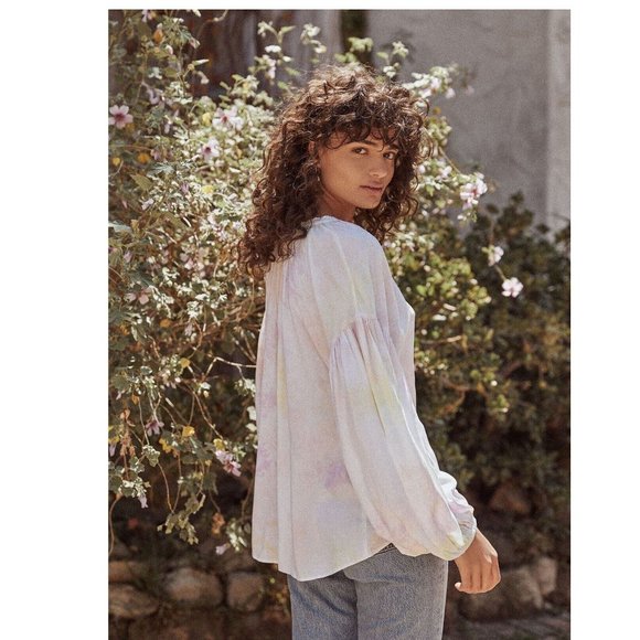 Saylor Tie & Dye Peasant Blouse Top Billowy Sleeves Ruffle Tesseled S - Picture 2 of 6